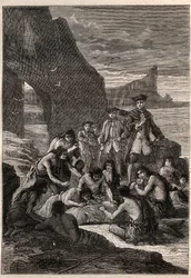 Egyikük elválasztva a fogaktól: John Byron admirális (1723-1786) a Magellán Detroit egyik szigetén – a fügiek (Tierra del Fuego lakói) fogaikkal dekupálják a széttépett és megkövesedett bálnát. a tengerparton - ill