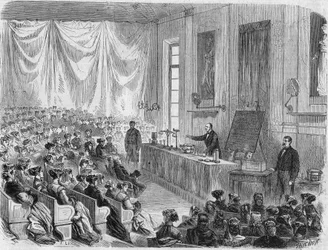 Fiatal lányok tanfolyamának megnyitása a Sorbonne-on 1867-ben. Metszet Mr. Lix rajzából