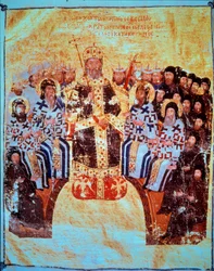 Ortodox vallás: „” VI. Cantacuzene János (1293-1354) bizánci császár, aki az 1351. május 18-i konstantinápolyi zsinatot elnökölte”” Miniatűr a „” Theological Works”-ból” 1370-1375 Paris, B.N.