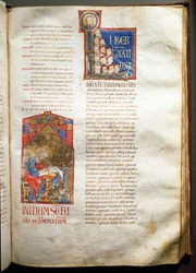 Egy illuminált biblia oldala (Ms.721-Foglio 190r) a 12. század elejéről. Homályos. 52,5x36 cm Róma, Biblioteca Casanatense