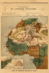 Francia Afrika panorámája, Afrikában zajló francia expedíciók térképe. Metszet a „” Le petit Journal”-ban 1894.05.03. Selva gyűjteménye.