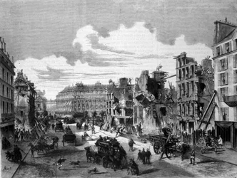 Párizs, a rue de la Paix bontása a rue de Reaumur megnyitásához. 1868. Metszet a XIX.