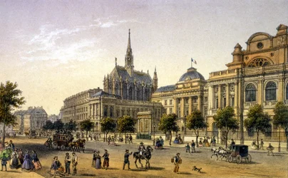 Párizs: a Palais de Justice látképe, metszet 19. század 1. fele.