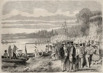 Párizsi kenusok. Regates de Saint-Cloud (Szent Felhő) 1857-ben. Metszet a „Le Monde illustrious”-ban 1857-ből. Magángyűjtemény.