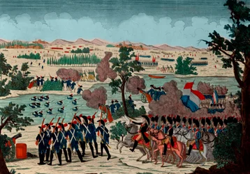 A Mincio átvonulása a IV. Prair év 11-én (1800. december 20.) a francia gránátosok által. Bonaparte General en Chief szemei alatt - Metszet - 1800 - A pozzolói csata (más néven Mincio folyó és monzambanói csata) - Az átjáró