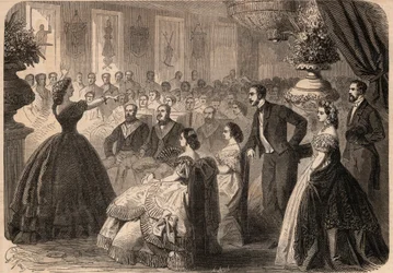 Pauline Viardot-Garcia (Viardot Garcia) (1821-1910), francia énekesnő a párizsi Grand Orientban működő „La persévérante amitié” szabadkőműves páholy jótékonysági ünnepségén. Metszet a „Le Monde Illustré” 1862-es számában. Magángyűjtemény.