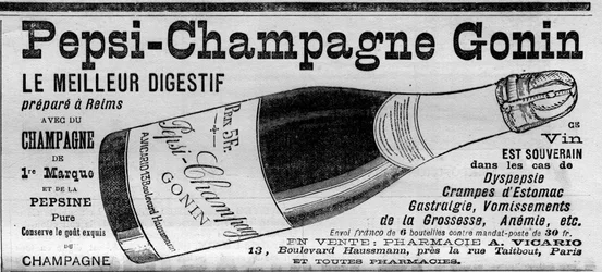 Pepsi Champagne Gonin (Pepsi-Champagne a Gonin márkától). Digestif elkészítése Reimsben pezsgővel és pepszinnel. Az alkohol tanácsot ad dyspepsia, gyomorgörcs, gastralgia, terhességi hányás, vérszegénység esetén... (patikában eladó). Gravírozás ""-be