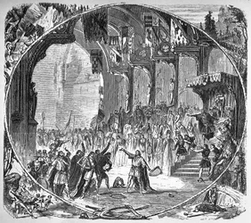 Richard Wagner „” Tannhauser” című előadása a párizsi operában 1861-ben. A második felvonás záró jelenete. Neuville Alphonse rajza.