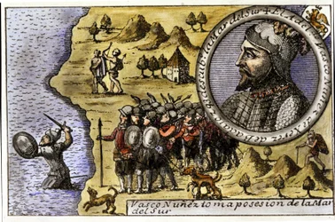 Vasco Nunez de Balboa (1475 - 1517), spanyol navigátor előadása, aki az elsők között fedezte fel a Csendes-óceánt a Darien-szoroson átkelve. Metszés