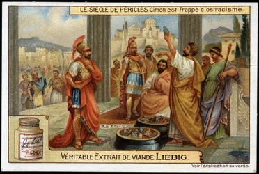 Periklész-század (Kr. e. 495-429): államférfi és stratégia Cimon (Kr. e. 510-449) kiközösítéssel sújtott, Kr.e. 461-ben - Liebig kromolitográfiája