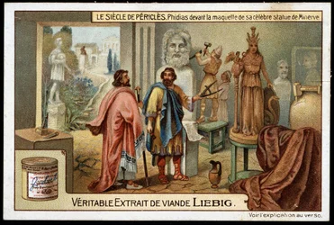 Periklész század (Kr. e. 495-429): Phidias (Kr. e. 490-430) szobrász híres Minerva-szobrának makettje előtt – Liebig kromolitográfiája