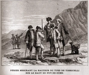 Evangelista Torricelli vagy Toricelli Barométer (higanycső) magasságát mérő perier a Puy-de-Dôme tetején 1618. szeptember 20-án, 19. századi metszet, Bianchetti-gyűjtemény.