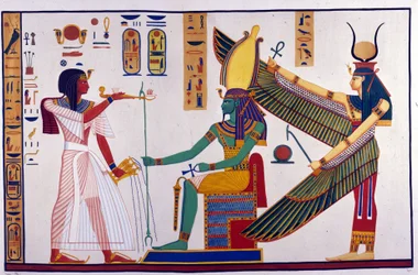 IV. Ramszesz fáraó ajánlatokat tesz Ptah-Sokari-Osirisnek. Ozirisz mögött Ízisz áll. (Bibah-el-Moluk sírja) - Ippolito Rosellini (Rossellini) „”Egyiptom és Felső-Núbia emlékművei”-ben.