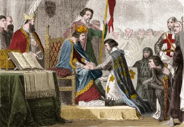 IV. Bél Fülöp (1268-1314), francia király 1308-ban feleségül adta lányát, francia Izabelle-t (1295-1358), II. Edward angol király (1284-1327) fiát. Metszet a Histoire De France-ban. Paul Lehugeur En Cent festményei „” 1891.