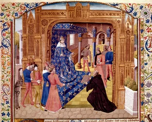 Pierre de Bressuire felajánlja könyvét II. Jó Jánosnak a párizsi Cité szigetén. Miniatűr Titus Live (Kr. e. 59-17) (Titus Livius) "" Histoire romaine" (Ad urbe condita) című művéből, Pierre fordításában Bressuire (310. sz.) 1450-1500 Chantilly, múzsa