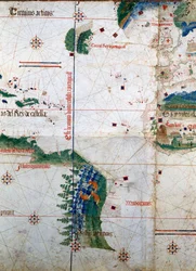 Cantino planiszférája: Alberto Cantino 1502-ből származó térképe, amely a tordesillasi szerződés (1494) által meghatározott határvonalat ábrázolja a portugál és a spanyol Amerika között. Biblioteca Estense, Modena