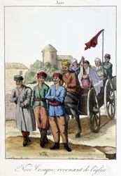 1811-ből származó tábla, amely egy esküvő után a templomból hazatérő kozákcsoportot ábrázol.