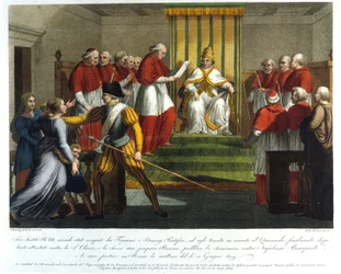 VII. Pius pápa (1742-1823) 1809. június 10-én excommunálta Bonaparte Napóleont. Metszet a 19. századról.