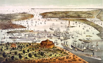 New York-i kikötő; légi kilátás. Metszet 1892. v.