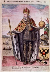 V. Károly (1500-1558) portréja lábán Flandria harminc másodperces grófjában, a 16. századi metszet Párizsban, B.N.