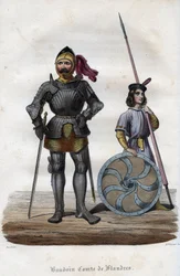 I. Balduin, Flandria grófjának (830-879) portréja, más néven Baldwin vaskar. (I. Baudouin, Flandria grófja, más néven vasmelltartó vagy jó). Metszet 1842-ből Maurice Lachatre „Histoire des Popes” című könyvében. Magángyűjtemény.
