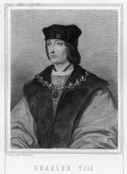 VIII. Károly (1470 - 1498), francia király portréja - Lavallée „Histoire des Français”-jában, metszet, sd.