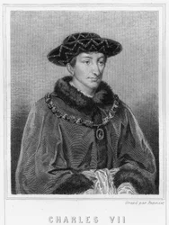 VII. Károly (1403 - 1461), francia király portréja - Lavallée „Histoire des Français”-jában, metszet, sd.