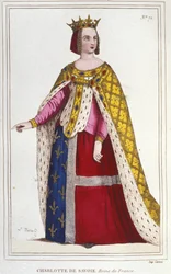 Charlotte de Savoy 1445-1483 portréja, Franciaország királynője 1461-től 1483-ig XI. Lajos (Le Prudent) menyasszonya 1451-ben készült, 1830-as metszeten