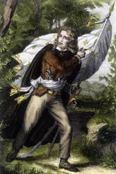 Chouan Jacques Cathelineau séf (1759-1793) portréja, aki liliomvirágú zászlót hordoz