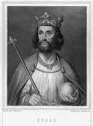 Eudes (Odon) portréja (860 - 898), Párizs és Troyes grófja, majd Franciaország királya - Lavallée „Histoire des Français”-jában, metszet, sd.