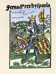 I. Ferdinánd Aragóniai Igazságos (1380-1416) spanyol király portréja. Metszet a „De insulis in mare Indico super inventis”-ből”, Bale 1493-1494 (Kolumbus spanyol királynak írt jelentésének latin fordítása).