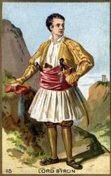George Gordon Noel, a 6. Byron báró, Lord Byron (1788-1824) görögbe öltözött portréja. századi kromolitográfiája.
