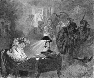 Goethe-portré Faust-figurákkal körülvéve Metszet