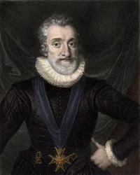 IV. Henrik (1553-1610) francia király portréja, a Szentlélek-rend (Szentlélek rend) jelvényének nyakláncával - IV. Henrik (Navarrai Henrik vagy Bourbon) (1553-1610), a Szentlélek Rend jelvénye - engravin
