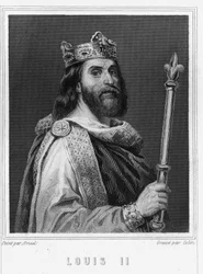 II. Lajos Begue vagy Fainéant (846 - 879), francia király portréja - Lavallée „Histoire des Français”-jában, metszet, sd.