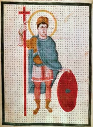 I. Lajos jámbor vagy Debonnaire portréja" (778-840), Franciaország királya"" miniatűr a "Szent Kereszt dicsérete" (vagy Bécsi kódex) című művében, Rabanus Maurus Magnentius (vagy Raban Maur vagy Rabano Mauro) kb. 780-856), 830 Bécs környékén, Osterreichisc
