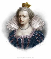 Medici Mária (1573 - 1642), IV. Henrik felesége és XIII. Lajos anyja portréja. Metszet 1836-ból