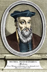 Michel Nostradamus orvos és asztrológus portréja nem volt Saint Remy de Provence-ban (Saint-Remy-de-Provence) 1503.12.14-én, és 1566.07.02-án halt meg. 17. századi metszet.