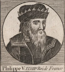 V. Hosszú Fülöp (1294-1322), francia király portréja – V. Philippe (1294-1322) „Beszéd” – metszet az „Utasítás Franciaország történetéről” című kötetéből, Charles Constant Le Tellier 1821-ben