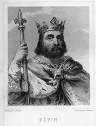 Pépin le Brief (v. 714 - 768), a frankok királyának, a Karolingok közül elsőnek portréja - Lavallée „Histoire des Français”-jában, metszet, sd.