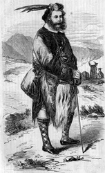 Roualeyn George Gordon Cumming (1820-1866), skót utazó és oroszlánvadász portréja. Linton metszete az 1858. május 8-i „” The Illustrous World” 56. számában.