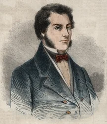 Sir James Brooke portréja, akit Sarawak Rajah-jaként ismernek (1803-1868), brit kalandor, Sarawak első fehér radzsája. Metszet a „Le Monde illustrious”-ban 1857-ből. Magángyűjtemény.