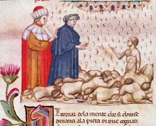Dante Alighieri olasz költő portréja a falánk körében (6. ének a pokolból, az Isteni színjátékban) - miniatűr XV.