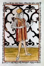 Marco Polo (1254-1324) velencei felfedező portréja Az Il Milione: A csodák könyve első kiadásának előképe ("A világ pénzneme") Nürnberg