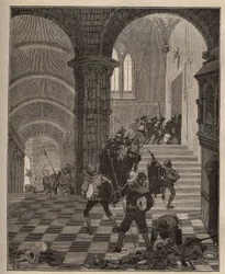 Fazekasság: a „Henri II” gyár lerombolása Oiron (Deux Sevres) kastélyának 1568-ban történt kifosztása során a Liga idején. Metszet 1885-ből Adolphe BITARD „” Les arts et metiers illustres” című könyvébe.
