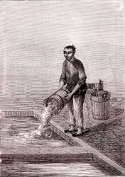 Mészöntés a medencébe, papírgyártás Kínában (Kr. e. 3. század) (metszet)