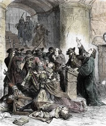 A prédikációk betiltása és protestánsok letartóztatása a nantes-i ediktum visszavonása után (dragonnades XIV. Lajos alatt (1681-1686): katolikus katonák, dragonyosok mészárolják le a protestánsokat. 19. század