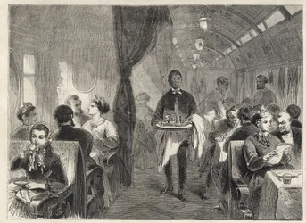 A Pacific Railways Pullman étkezőkocsija 1869-ben - a Pacific Railway egyik vagonszállodájában -