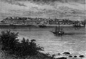 Quebec City, Kanada, a St. Lawrence (Szent Lőrinc) jobb partjától. Metszet a „” Le Journal de la jeunesse”-be