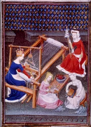 Tanaquil királynő, idősebb Tarquin római király felesége, Giovanni Boccaccio (Boccaccio) (1313-1373) „"De mulieribus claris""" (Könnyű és nemes nők)"-ből készült miniatűrt sző.